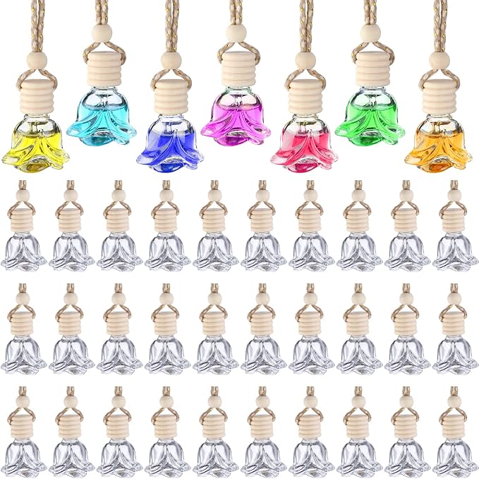 60 Pcs Hanging Car Air Freshener Car Diffuser Bottles Empty Glass Perfume Bottles Air Freshener Diffuser Bottle Pendant for Essential Oils Fragrance Aromatherapy Ornament Decor (Rose Style)