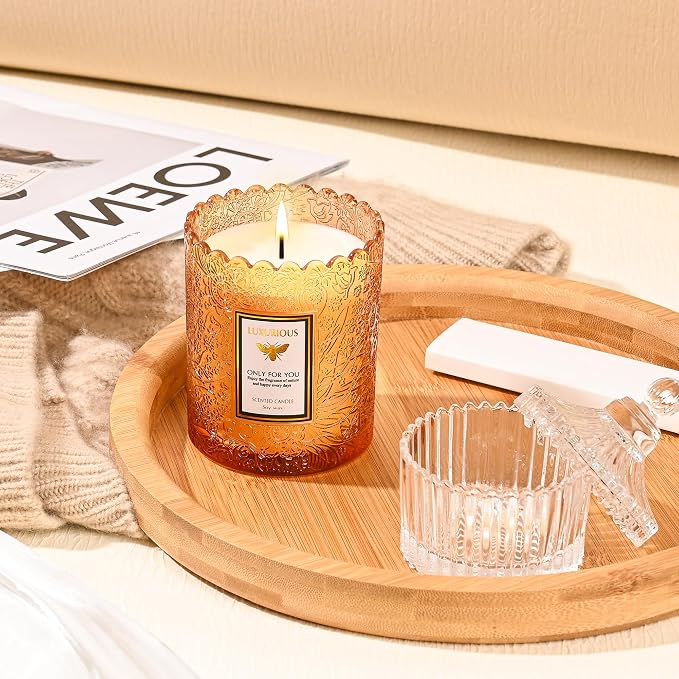 Amber Scented Candle, Candles for Home Scented, Candles Gifts for Women & Men, Luxury Glass Jar Candle, Natural Soy Candle, 40 Hours Long Burning, 7 oz