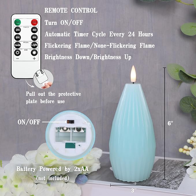 Blue Ribbed Flameless Candles with Remote Flickering Realistic Battery Powered LED Real Wax Decorative Candle Geometric Aesthetic Modern Ocean Decor for Home Table Fireplace, 3 Pack