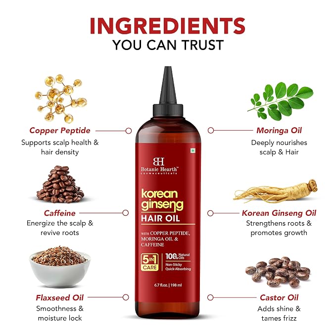 Botanic Hearth 100% Pure Korean Ginseng Oil For Hair Growth & Hair Treatment Oils 6.7 Fl Oz | Infused with coconut Oil | Hair Oil Repairs Dry Damaged Hair, Strengthening, Healthier | All Hair Types