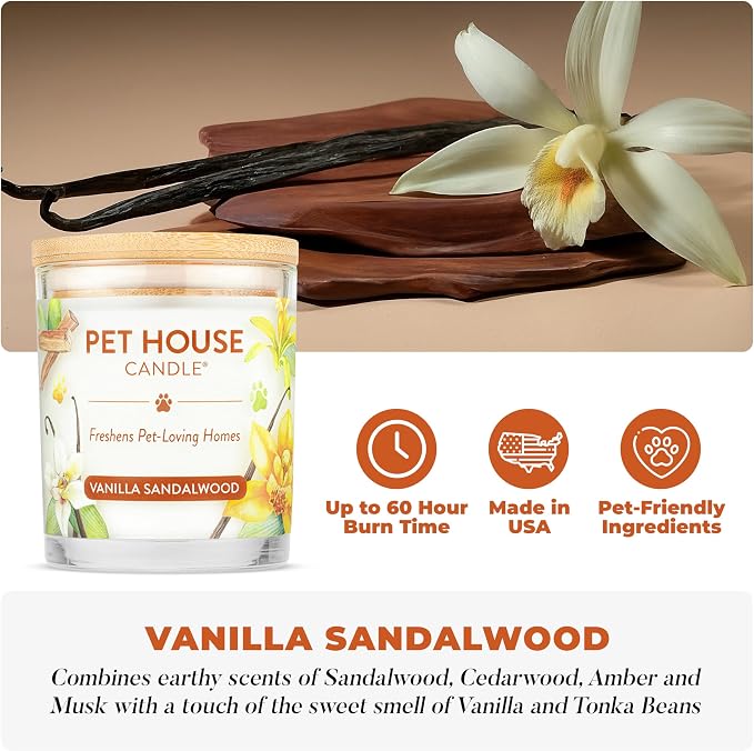 One Fur All Pet House Candle 2 Pack - Plant-Based/Soy - Clean Burning Scented, Long Lasting Pet Odor Candle for Home - Vanilla Sandalwood