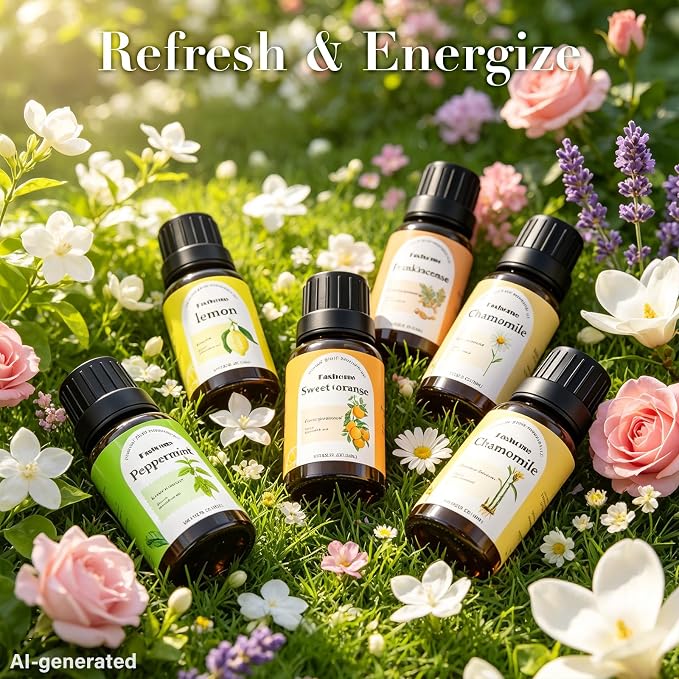 Fashome Energizing Essential Oils Set, 6-Pack,10ml for Diffusers & DIY | Citrus & Floral Aromatherapy Oils for Home Office & Focus - Peppermint, Sweet Orange, Lemon & Frankincense