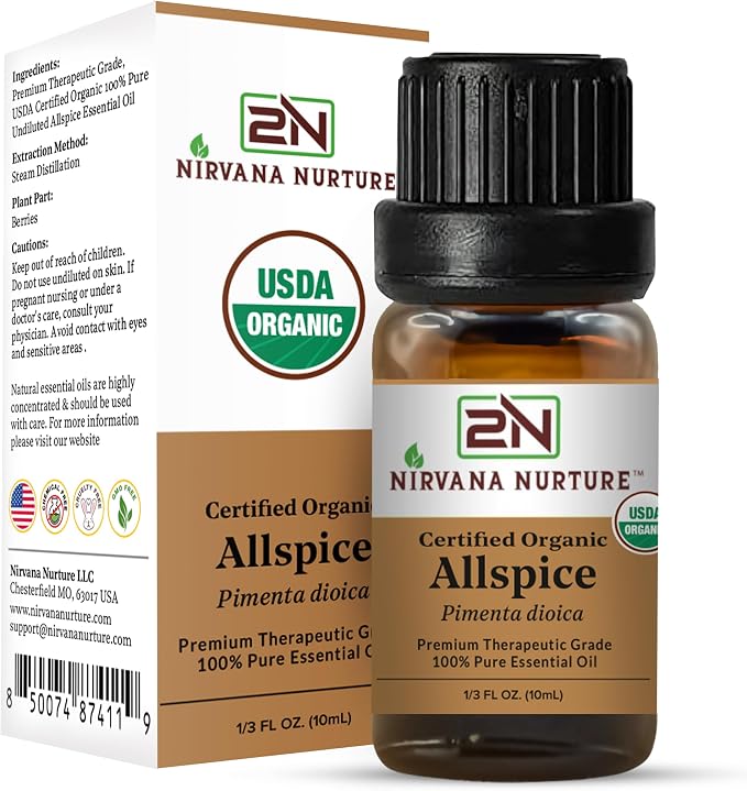 Allspice Essential Oil, USDA Certified Organic, 100% Pure Undiluted, Aromatherapy Oil for Diffuser, Hair & Skin Care