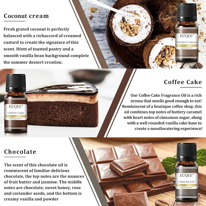 EUQEE 6PCS Coffee Fragrance Oil Set(10ml), Premium Fragrance Essential Oils Set for Candle Making, Diffuser-Coffee, Chocolate, Cake, Coconut Cream, Coconut & Vanilla