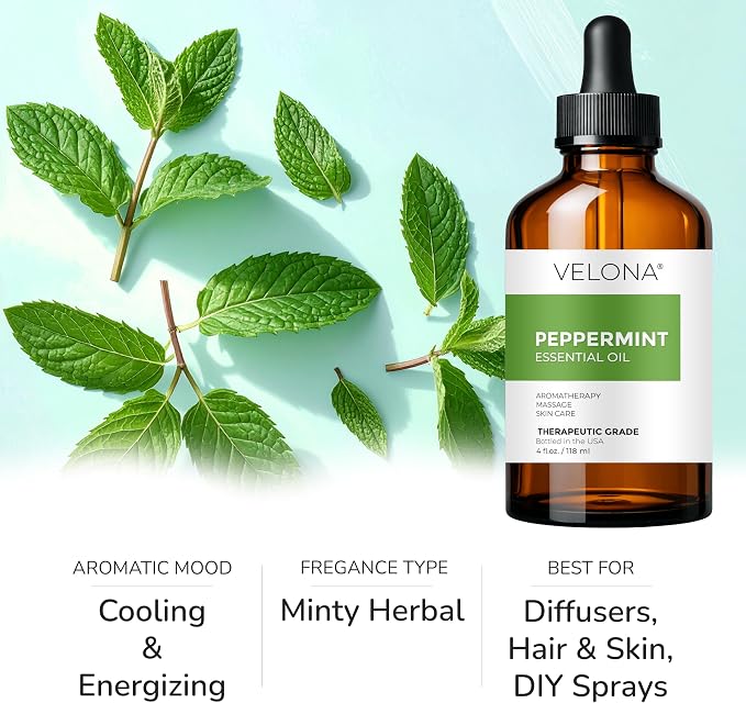 velona Peppermint Essential Oil 4 Fl Oz | Therapeutic Grade | for Aromatherapy Diffuser, Massage, Skincare, Haircare, Soapmaking | Undiluted and Multipurpose