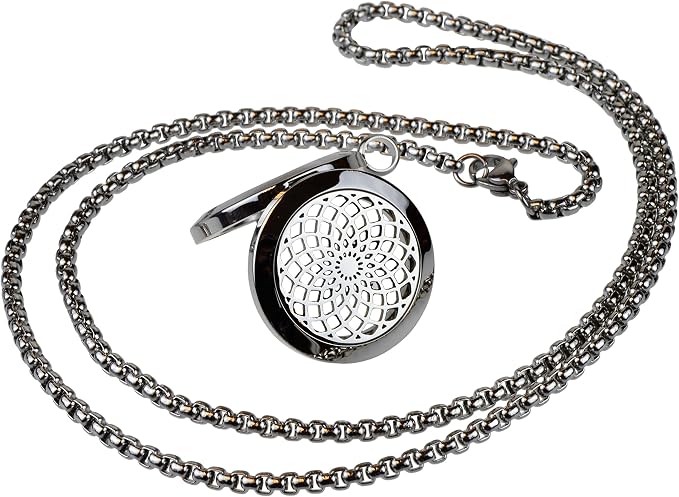 Wild Essentials Sun Mandala Essential Oil Diffuser Necklace, Stainless Steel Locket Pendant with 24 inch Chain, 12 Color Refill Pads, Customizable Color Changing Perfume Jewelry for Aromatherapy