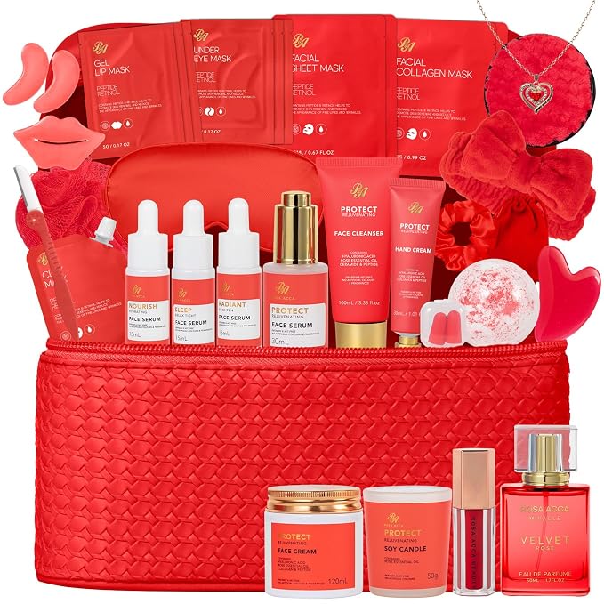 33 Pcs Mother's Day Gifts, Red Rose Bath & Body Gift Set for Women, Home Spa Kit, Hydrating Skin Care Set, Self Care Gift Basket, Cosmetic Bag, Necklace, Valentines, Birthday, Anniversary