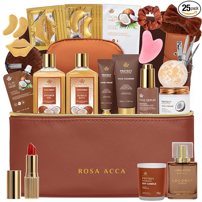 25 Pcs Mother's Day Gift, Bath & Body Gift Set for Women, Skin Care Set, Coconut Vanilla Spa Gift Basket, Self Care Set, Cosmetic Bag, Christmas, Birthday, Anniversary, Valentines, Mom, Wife
