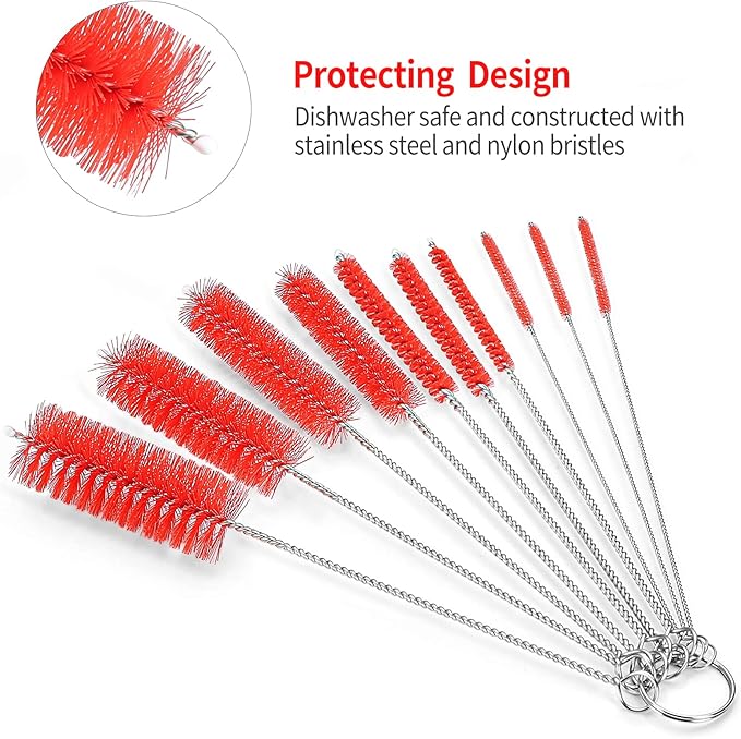 CiaraQ Bottle Cleaning Brushes, 8 Inch Nylon Tube Brush Set, Cleaner for Narrow Neck Bottles Cups with Hook, Set of 10pcs.