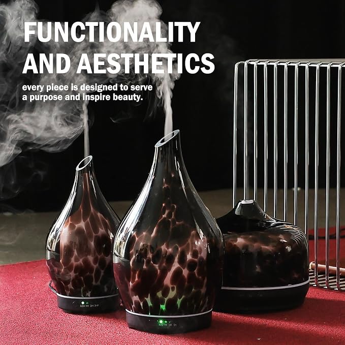 Porseme 280ml Essential Oil Diffuser Hand-Blown Glass Aroma Diffusor, Aromatherapy Unltrasonic Cool Mist deffuser, 7 Color Changing, Waterless Shut-Off, Timer Function for Home Office(Lava)