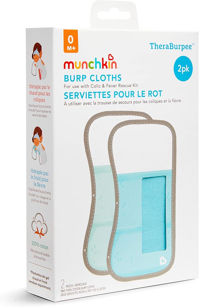 Munchkin® TheraBurpee: 2 Pack Burp Cloths with Built-in Pockets, for use with Colic & Fever Rescue Kit, 1 Blue, 1 Mint,2 Count (Pack of 1)