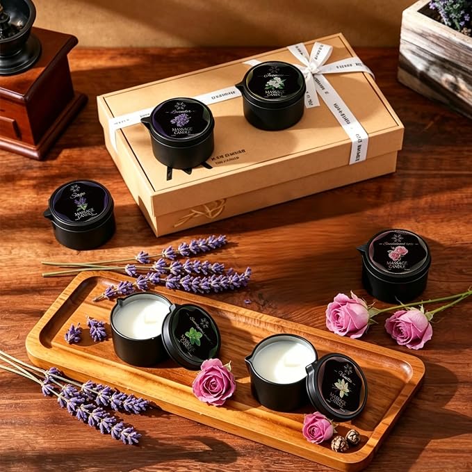 6 Pack Massage Candle Set, Assorted Scented Massage Oil Candle, Low Temperature Soy Wax Massage Oil Candles for Skin Moisturizing, Home Spa, Relaxation, Self-Care