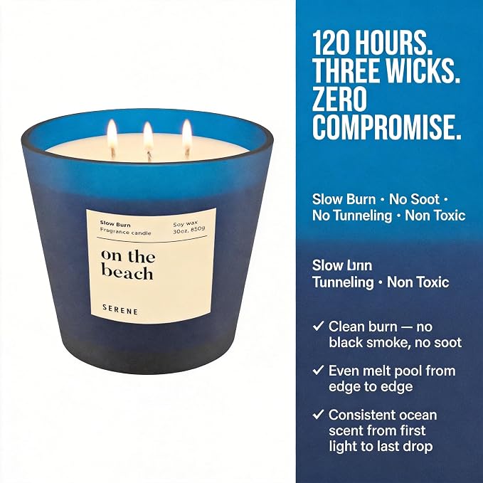 Hidden Label On The Beach Scented Candle, Non Toxic 30oz Large 3-Wick Soy Wax Candle, Up to 120 Hours Slow Burn, Ocean Sea Salt Home Fragrance for Bathroom, Spa Relaxation & Beach Gift