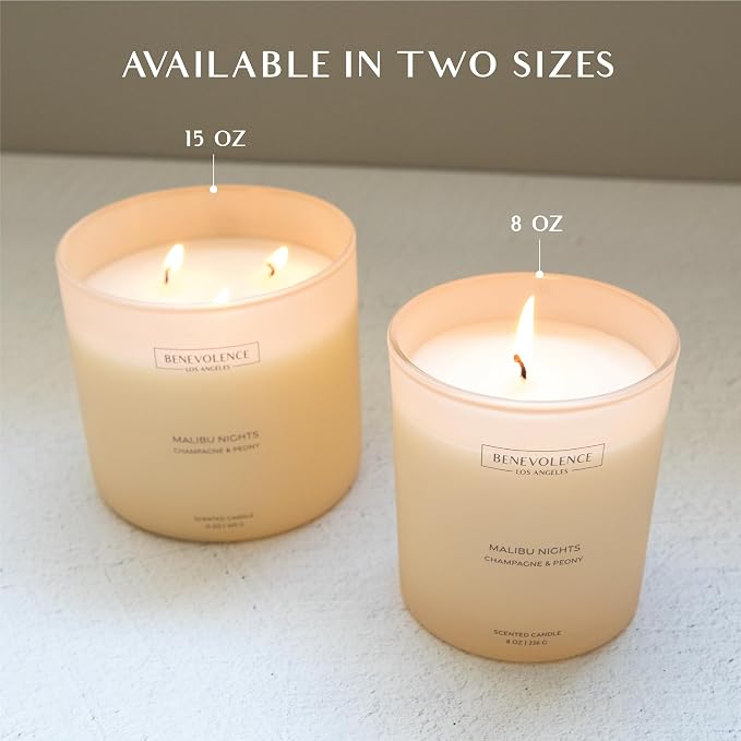 Champagne & Peony – Benevolence LA Scented Candle | 8oz, 45-Hour Burn | Natural Soy Wax, Cotton Wick | Romantic & Elegant Home Fragrance | Malibu Sands Collection – Gift for Women & Men