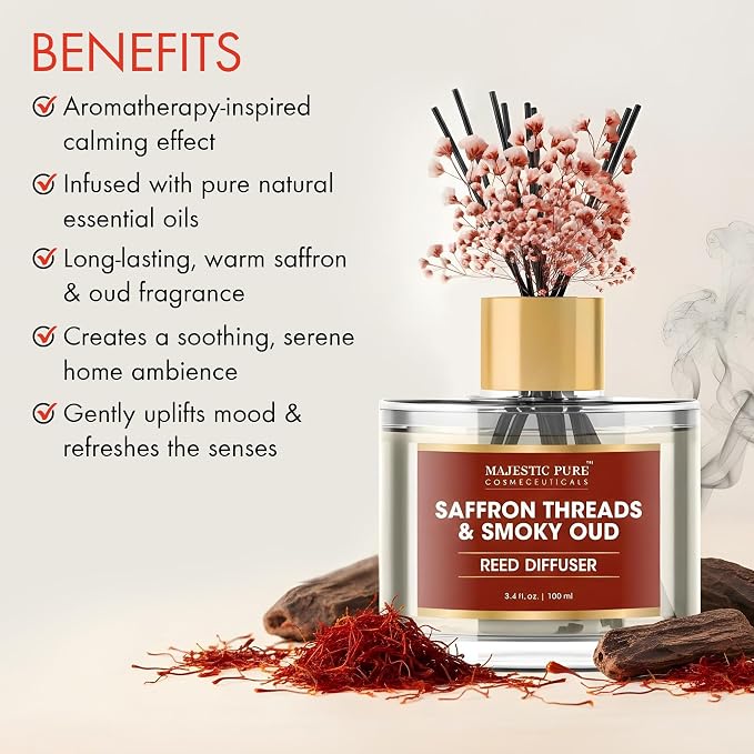 Majestic Pure Saffron & Oud Reed Diffuser, 3.4 fl oz | Long Lasting Oriental Fragrance for Home & Office