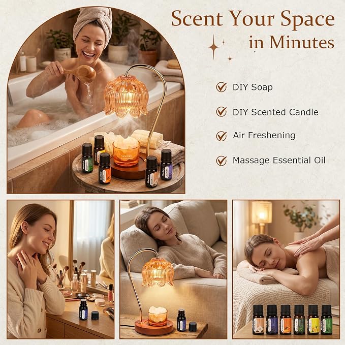 Funistree Flower Candle Warmer Lamp with Essential Oils Gift Set, Dimmable Candle Lamp Warmer with Timer, Wax Melter Lamp with Diffuser Stones, Christmas Birthday Gifts for Women Mom Wife Her