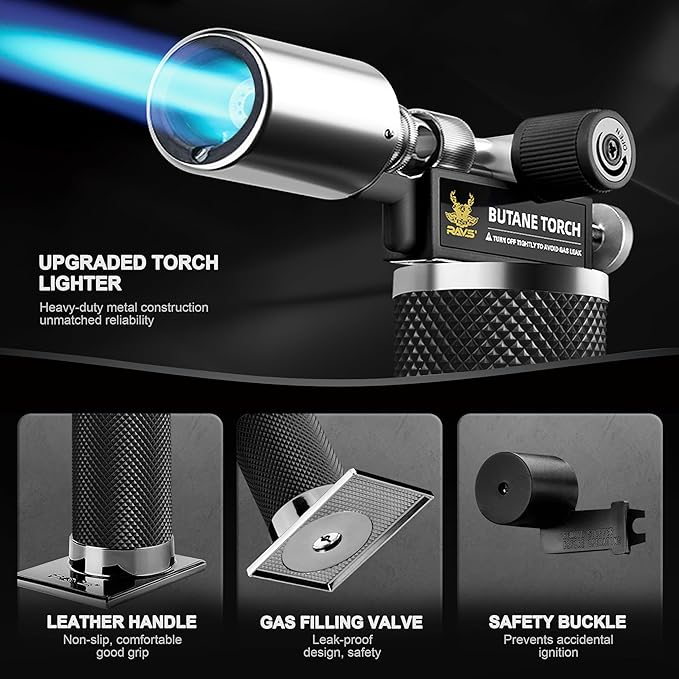 RAVS Butane Torch Lighter, Premium Metal Kitchen Torch with Adjustable Flame & Safety Buckle, Refillable Creme Brulee Torch for Baking, BBQ, DIY, Resin Art, Black, Butane Gas Not Included