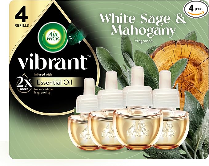 Air Wick Vibrant Plug-In Scented Oil Refills, 4 Count, White Sage & Mahogany, Air Fresheners, Essential Oils