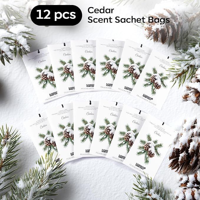 MYARO 12 Pack Cedarwood Scented Sachets for Drawer, Closet & Small Spaces Air Freshener Bags, Odor Eliminator for Car, Shoes, Gym Bag Home Fragrance Gift Set