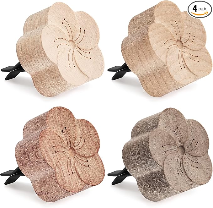 Zubebe Aroma Wood Essential Oil Diffuser 4 Packs Minimalistic Decor Car Air Freshener Flower Diffuser with Aromatherapy Clip for Car Office Bedroom