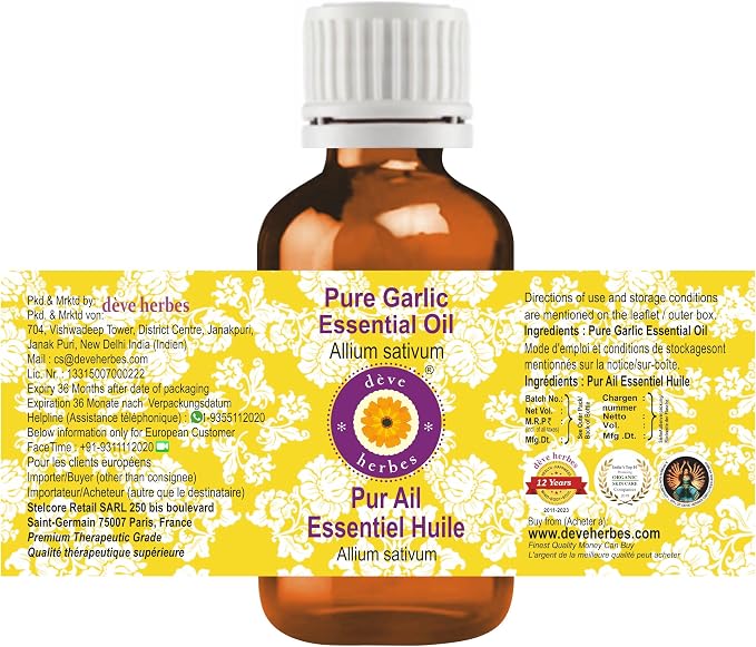 Deve Herbes Pure Garlic Essential Oil (Allium sativum) Steam Distilled 10ml (0.33 oz)