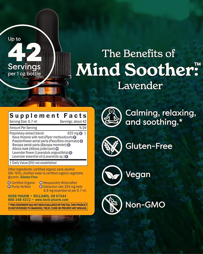Herb Pharm Mind Soother: Lavender Liquid Herbal Formula with Noble Kava & Lavender Essential Oil for Nervous System Support, Calming & Relaxing, Vegan, Gluten-Free, Non-GMO, Up to 3 Week Supply, 1 oz*
