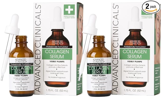 Advanced Clinicals Collagen Serum For Face | Visible Anti Aging Collagen Peptide Serum + Hyaluronic Acid Moisturizer Improves Look Of Wrinkles, Dry Skin, & Fine Lines, No added Fragrance, 2-Pack