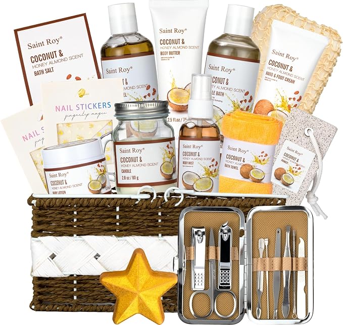 26Pc Bath and Body Gift Basket Set, Coconut Honey Almond Self Care Kit | Spa Gift Basket, Bath Gift Set Skin Care Gift for Fathers Day, Birthday, Christmas, Mother, Bridal Shower, Anniversary