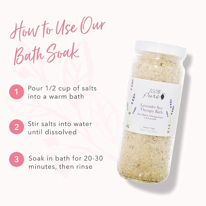 100% PURE Lavender Sea Therapy Bath Soak, Bath Salts for Relaxation, Made with Lavender Essential Oil, Spa Kit for Home, Bath Soak with Essential Oils - 15 Oz