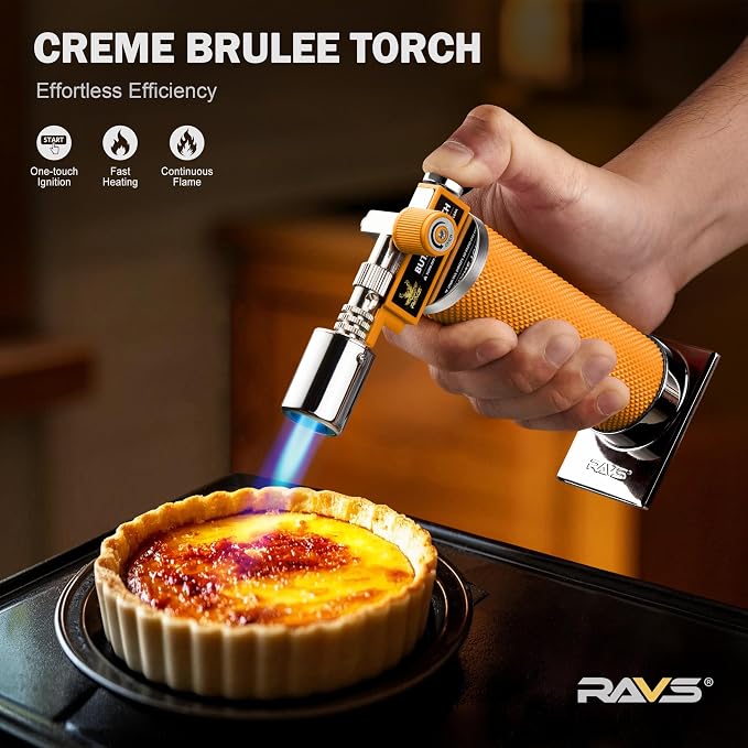 RAVS Butane Torch Lighter, Creme Brulee Torch with Adjustable Flame, Premium Metal Kitchen Torch for Baking, BBQ, DIY, Orange, Butane Gas Not Included