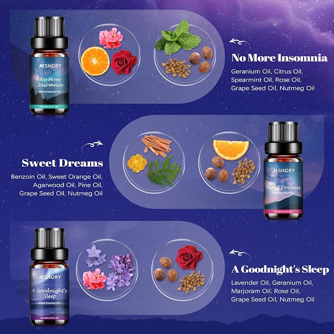 Sleep Essential Oils Set, Natural Essential Oil for Diffusers for Home,6 x 10ml Fragrance Oil Scented Oils, Deep Sleep, Stress Relief, Sweet Dreams, Fresh Breathe,Relaxation Gift for Women and Men