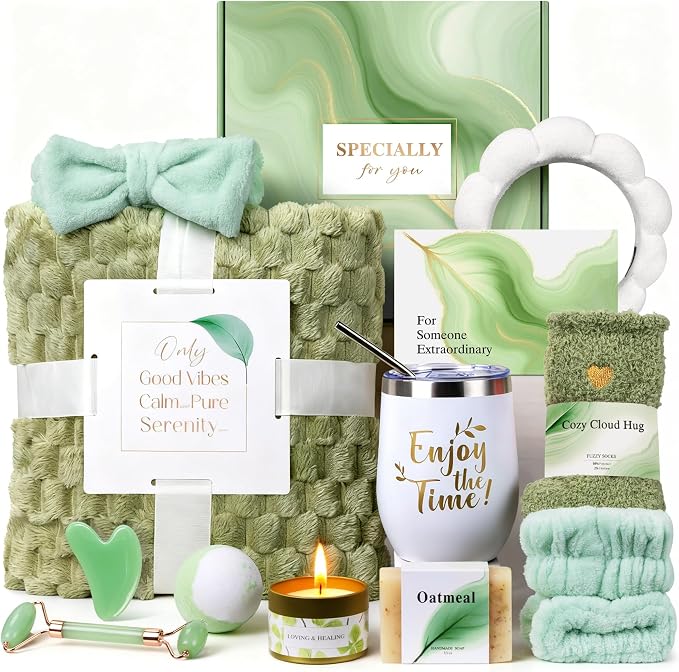 Self Care Kit - Spa Gifts Self Care Relaxation Gifts for Women Self Care Basket Set Stress Relief Get Well Soon Gift Baskets for Women Cozy Relaxing Gifts for Woman Mom Best Friends Sister Wife, Green