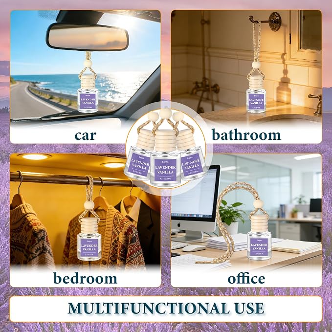 Hanging Car Air Freshener (Pack of 3) : Luxury Car Perfume for Women Men | Cute & Wooden Lid Reusable Bottle with 45+ Days Long-Lasting Scent for Auto Interio, Lavender vanilla
