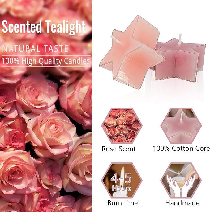 Tea Lights Gradation Pink Star Tea Candles Set of 12 – Tealight Candles with Rose Scent, Long Burning Handmade Tealights for Wedding Meditation Home Decor Gift