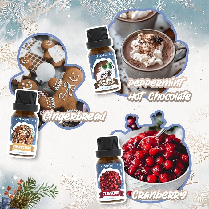 SoulOrigin Winter Essential Oils Set, Fragrance Oil Gift Set for Oil Diffusers, Scented Oils for Soap 6x10ml - Forest Pine, Spiced Apple Cider, Cinnamon, Mint Hot Chocolate, Gingerbread, and Cranberry