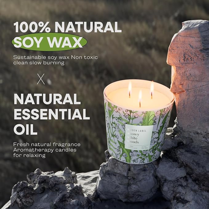 Hidden Label Snowy White Woods Candle, Giant 30oz 3 Wick Soy Candles Non Toxic, Scented Candle White Aromatherapy for Home, 100H Long Lasting Luxury Candles GIF