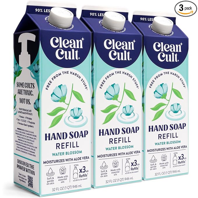 Cleancult Liquid Hand Soap Refill - Water Blossom - Moisturizes Dry & Sensitive Skin - Made with Aloe Vera & Essential Oils - Eco Friendly - Paper-Based Packaging - 32 oz/3 Pack