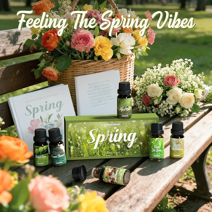 ARVIDSSON Spring Essential Oils Set, Natural Fragrance Oil for Diffuser - After Rain, Ocean Breeze, Fresh Cut Grass, Gardenia, Sweet Pea, Rose Sandalwood, Spring Scented Oil Gift Set