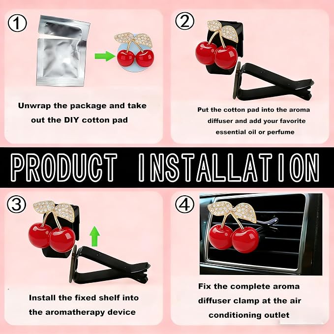 4Pcs Cherry-Shaped Car Air Freshener Vent Clips with Rhinestones, Unscented Cute Car Air Freshener for Men Women, Fragrance Diffuser Clip for Car and Truck Air Fresheners, Sparkling Decor-A10