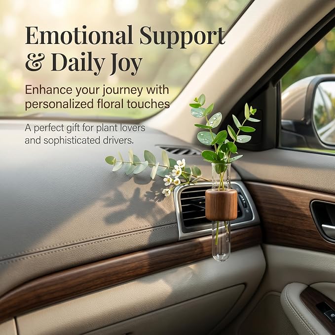 Car Vent Clip Bud Vase, Car Air Vent Propagation Vase Diffuser, Glass Tube Plants Ornamental Decoration, Universal for Horizontal, Vertical, Angled Outlets (Round Walnut)