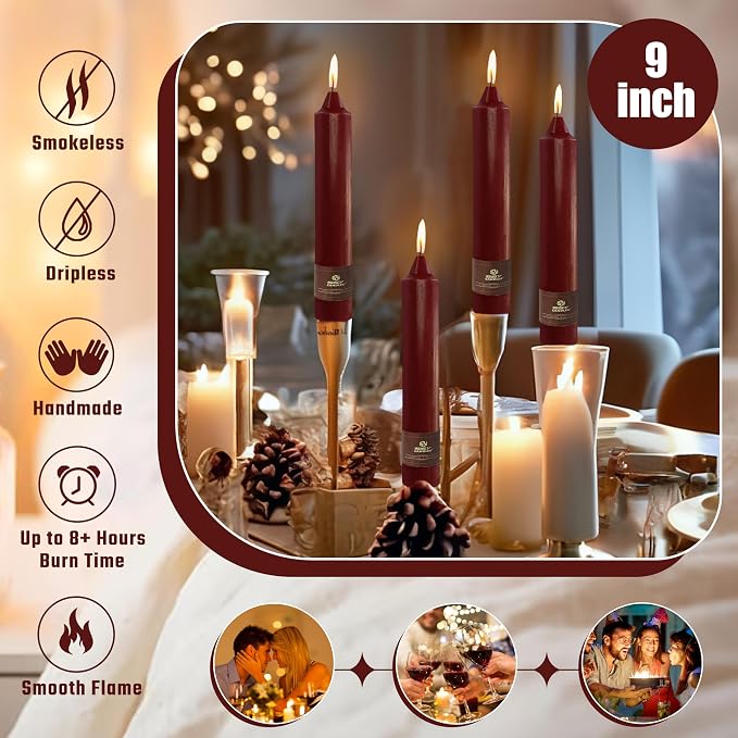 Red Taper Candles Sticks Unscented 9 inch Tapered Candle Ideal as Dinner Smokeless Long Burning Candlesticks for Weddings Dinner Party Home Decor