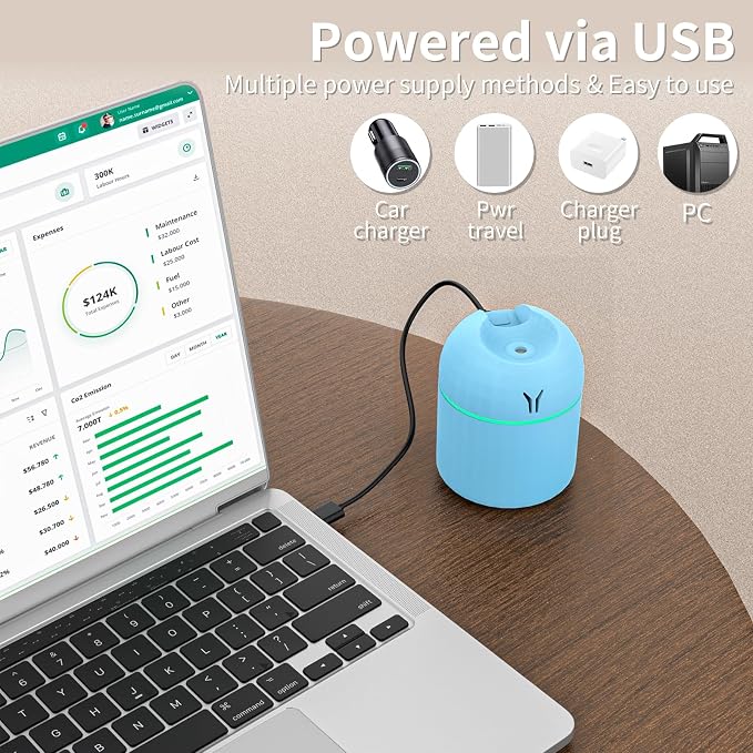 Portable Mini Humidifier, 250ML Small Humidifier, 3-in-1 Colorful Mini Humidifier + Night Light + Car Humidifier, Cool Mist Humidifier with Aroma Pads, USB Portable Humidifier For Travel (Blue)