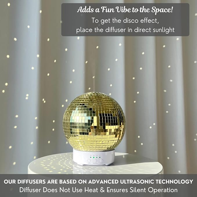 Disco Ball Diffuser Rotating - 300 ML Mirror Ball Oil Diffuser, Essential Oils Diffusers for Home, Novelty Mirrorball Ultrasonic Diffuser for Bedroom | Aromatherapy Diffuser for Large Room Gold