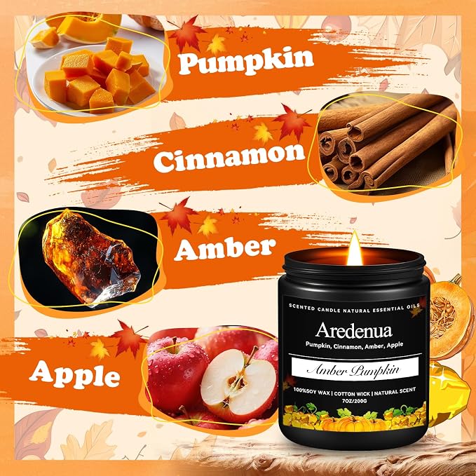 Amber Pumpkin Candles – Warm Holiday Pumpkin Scent, Hand-Poured Soy Candles for Winter Home Décor, Cozy Christmas Seasonal Candle Gift