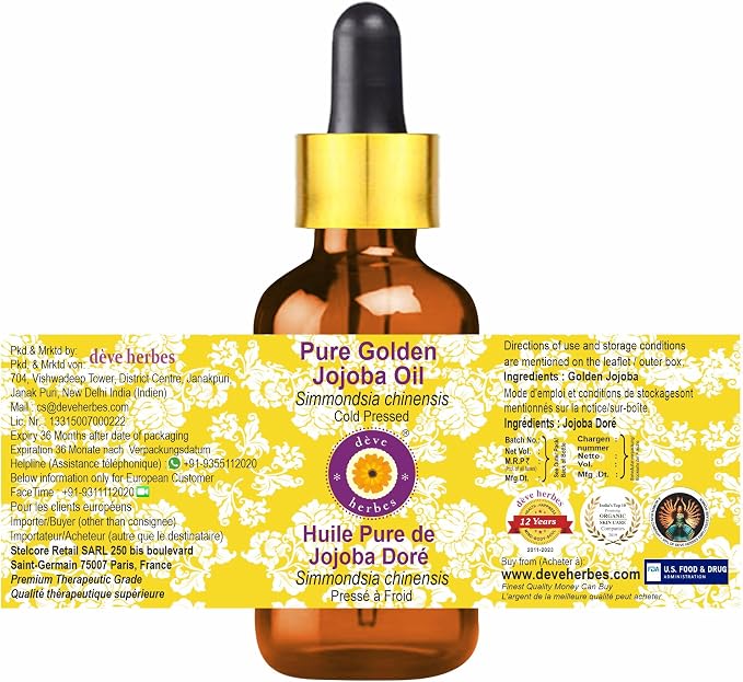 Deve Herbes Golden Jojoba Oil (Simmondsia chinensis) | Cold Pressed | Pure | Natural | Undiluted | For Diluting Essential oils | For Skin & Massage | Non-Sticky | Lightweight | Unisex | 10ml (0.33 oz)