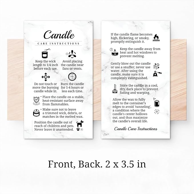 100 pack - Premium Handmade Candle Care Instruction Cards White 2x3.5 in, Small Business | Soy Bees Wax Melt, Candle Makers, Making Supplies Kit Set, Containers, Jars, Pot, Package