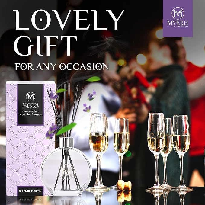Lavender Blossom Scented Reed Diffuser Set with 8 Rattan Diffuser Sticks, 150 ml, All Natural Air Freshener, Long-Lasting Diffusers at Home - MyrrhUSA