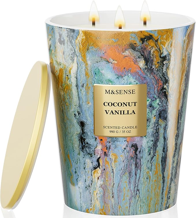 M&SENSE Large 3-Wick Coconut Vanilla Scented Soy Candle | 35oz, 150 Hours, Non-Toxic, Summer Party Essential, Spa Home Fragrance & Decor