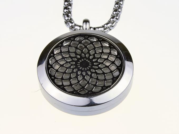 Wild Essentials Sun Mandala Essential Oil Diffuser Necklace, Stainless Steel Locket Pendant with 24 inch Chain, 12 Color Refill Pads, Customizable Color Changing Perfume Jewelry for Aromatherapy