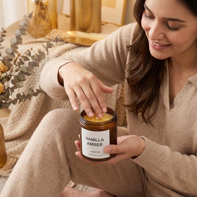 Massage Candle for Relaxation – 7oz Massage Oil Candle with Sweet Almond Oil – (Vanilla Amber)